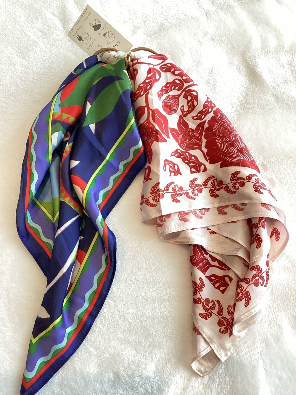 Anthropologie Silky Scarf Bag Head Hair Scarves New Blue and Red Floral Set of 2 - Picture 5 of 9